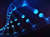 A particulate 3D rendered DNA on a blue bokeh background